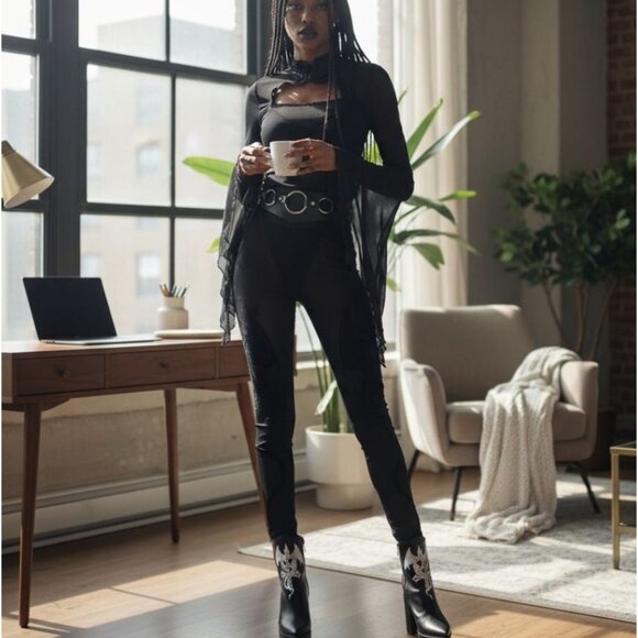 Leggings – Widow Black From The Ashes Semi‑Sheer Flocked Dragon Print High Waist - Picture 2 of 2